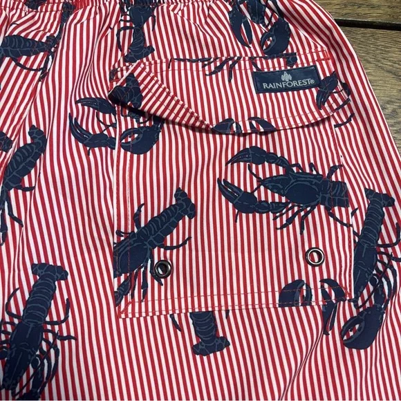 Rainforest Shorts Mens Medium M Blue Stripe AOP Lobster Print Lined Swim Trunks - Picture 7 of 8